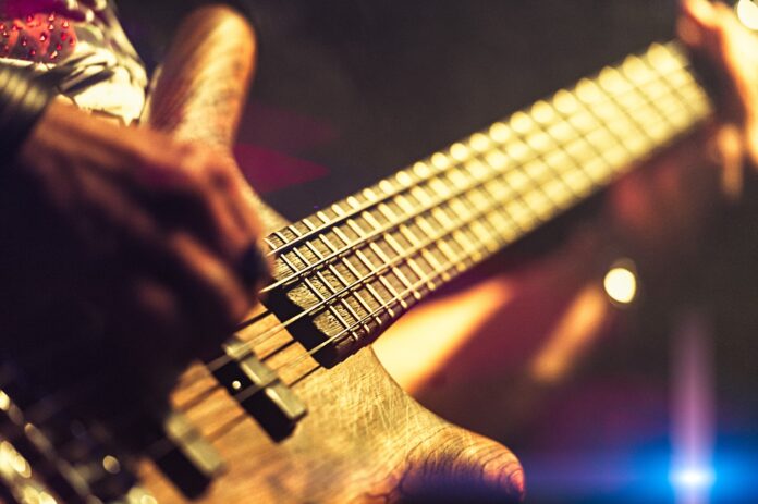 Bassist pop rock during a performance at a concert Bassist pop rock during a performance at a concert